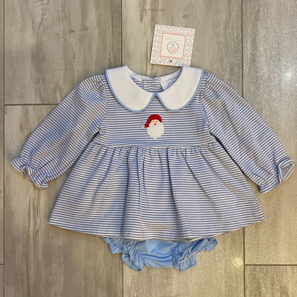 NWT Cypress Row Blue and White Striped Santa Holiday Bloomer Short Set, girls 6M